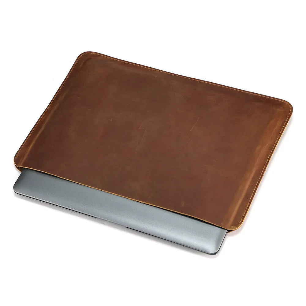 Brown genuine leather computer bag with horizontal design and cowhide lining