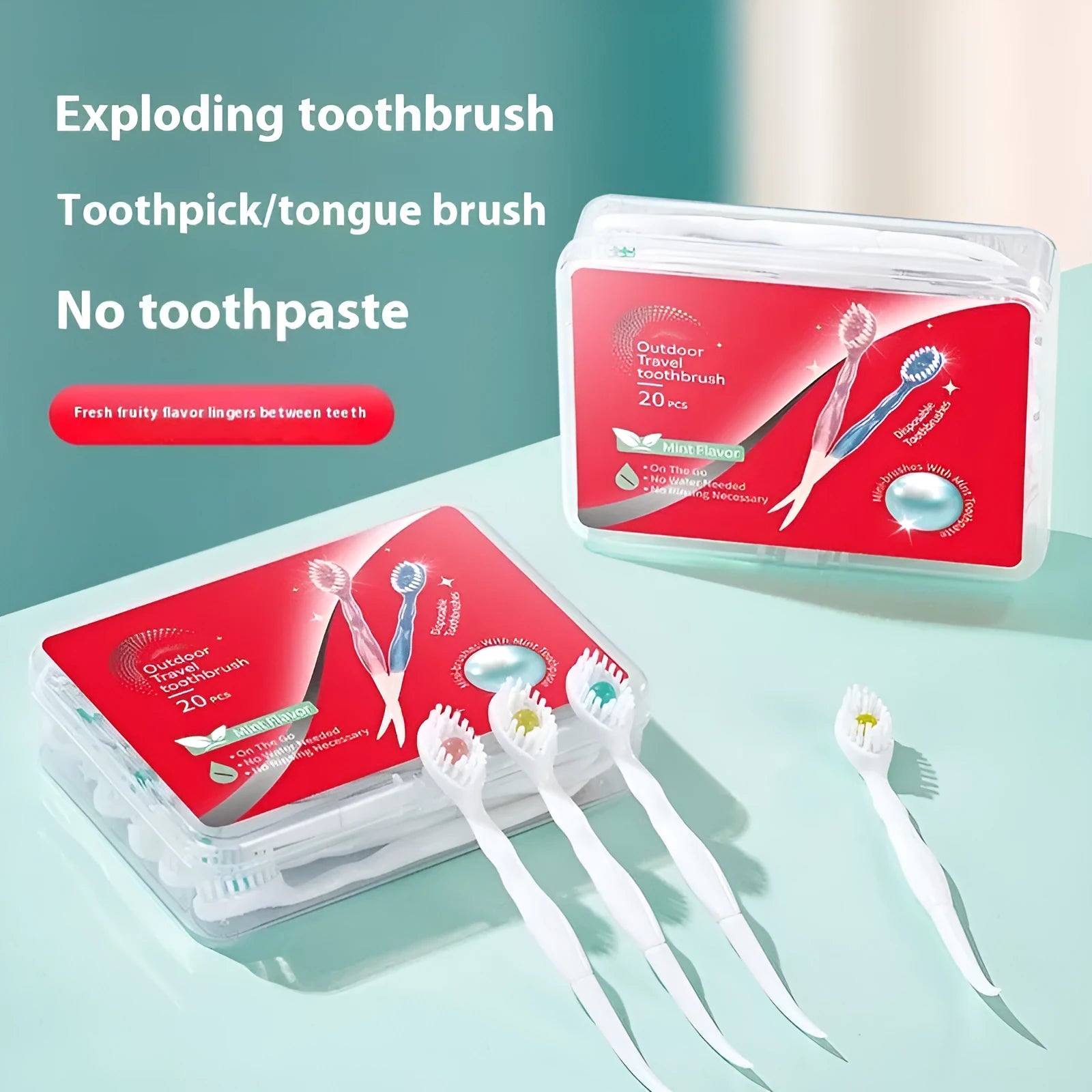 Box of disposable bead toothbrushes in flavours of mint, peach, and plum green tea for travel.