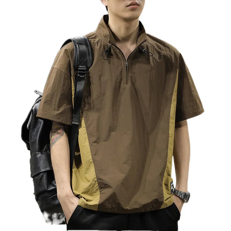 Men's brown half-zipped stand collar business casual shirt with short sleeves and ice silk fabric