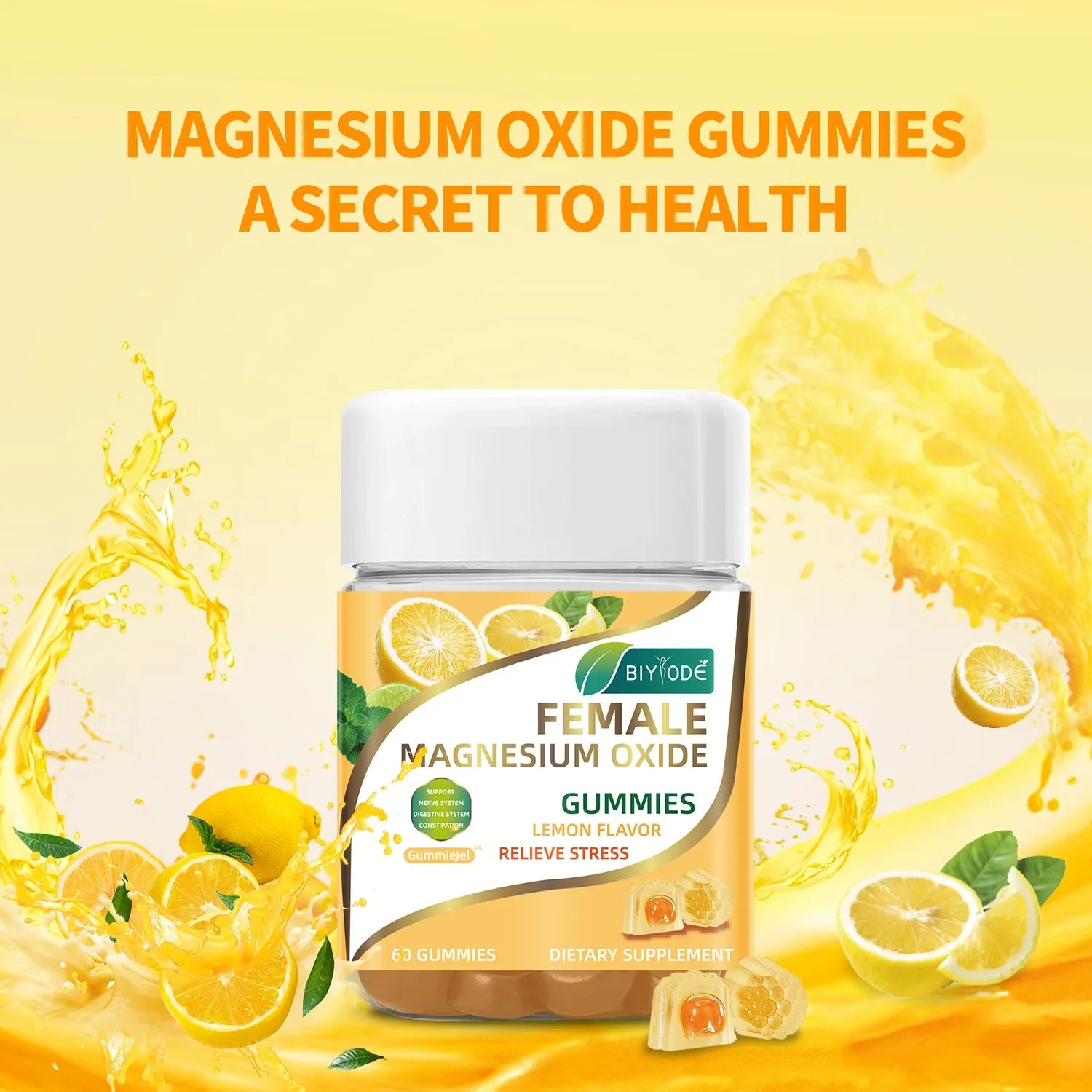 Bottle of lemon-flavoured magnesium oxide gummies supplement for stress relief and sleep support, 60 gummies per bottle