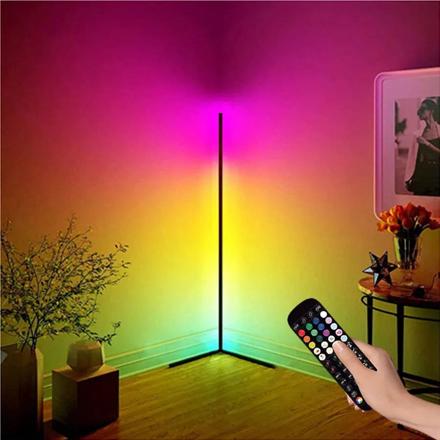 Black smart floor lamp with aluminium alloy body and silicone shade featuring RGBW lighting