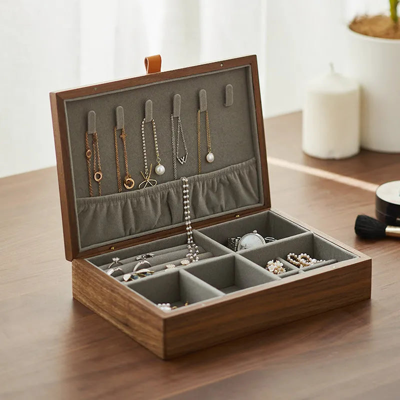 Large capacity household walnut jewellery box in retro style for storing necklaces rings earrings and bracelets