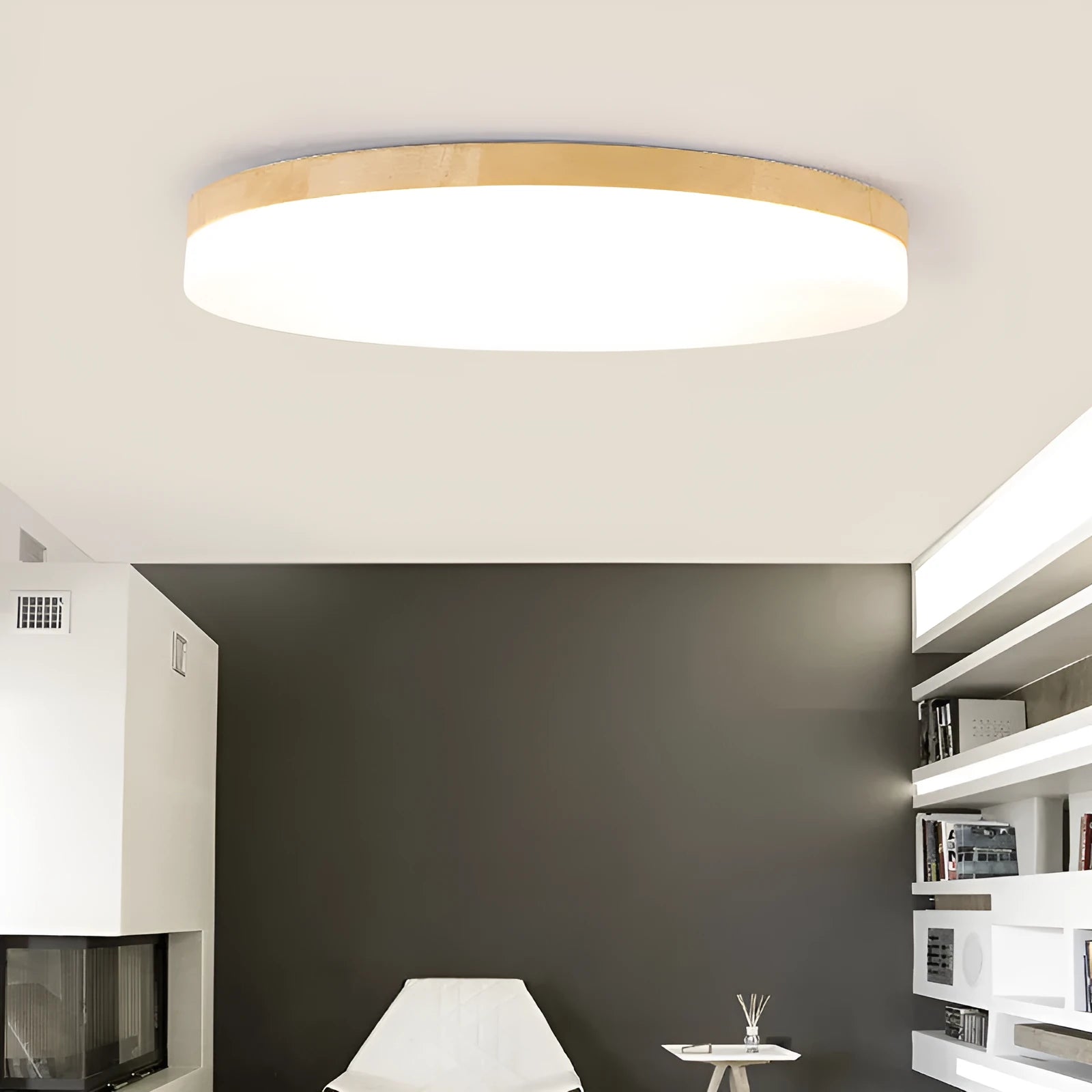 Japanese minimalist wood and acrylic LED ceiling lamp with three colour light settings.