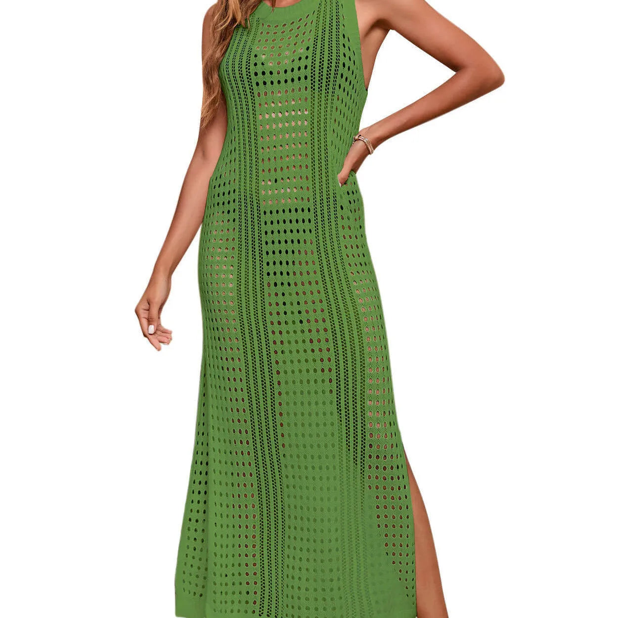 Women's long loose beach blouse with hollow-out knitted design in solid colour options