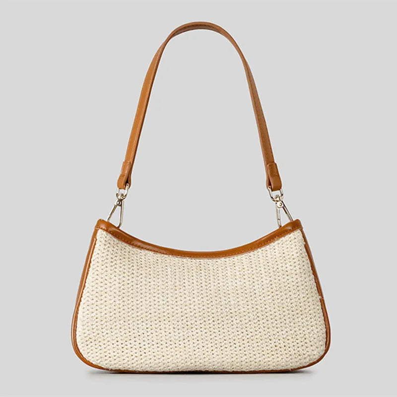 Khaki hand-woven straw selenodont crossbody bag made from PP grass with contrast colour detailing and single shoulder strap.