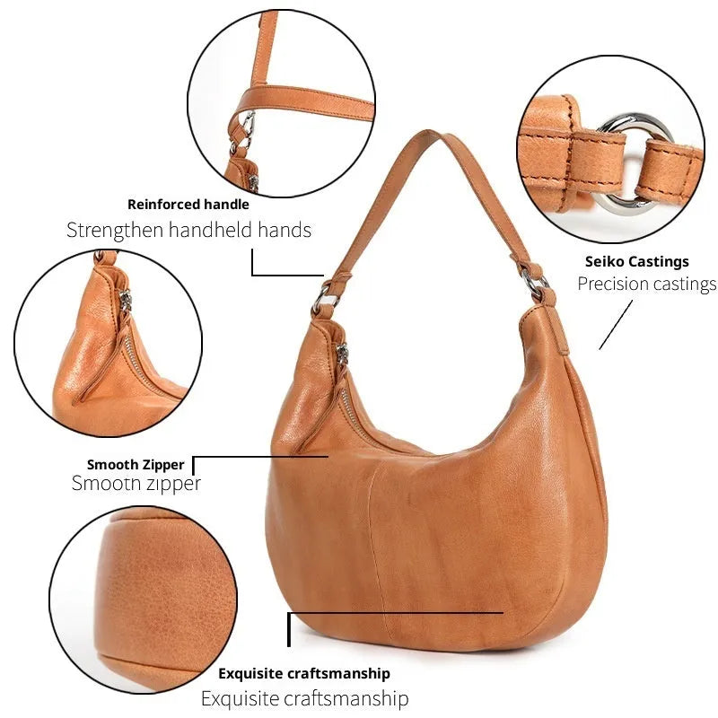 Cortical women's spliced casual crossbody bag in khaki top grain leather dumpling shape 30x7x19cm