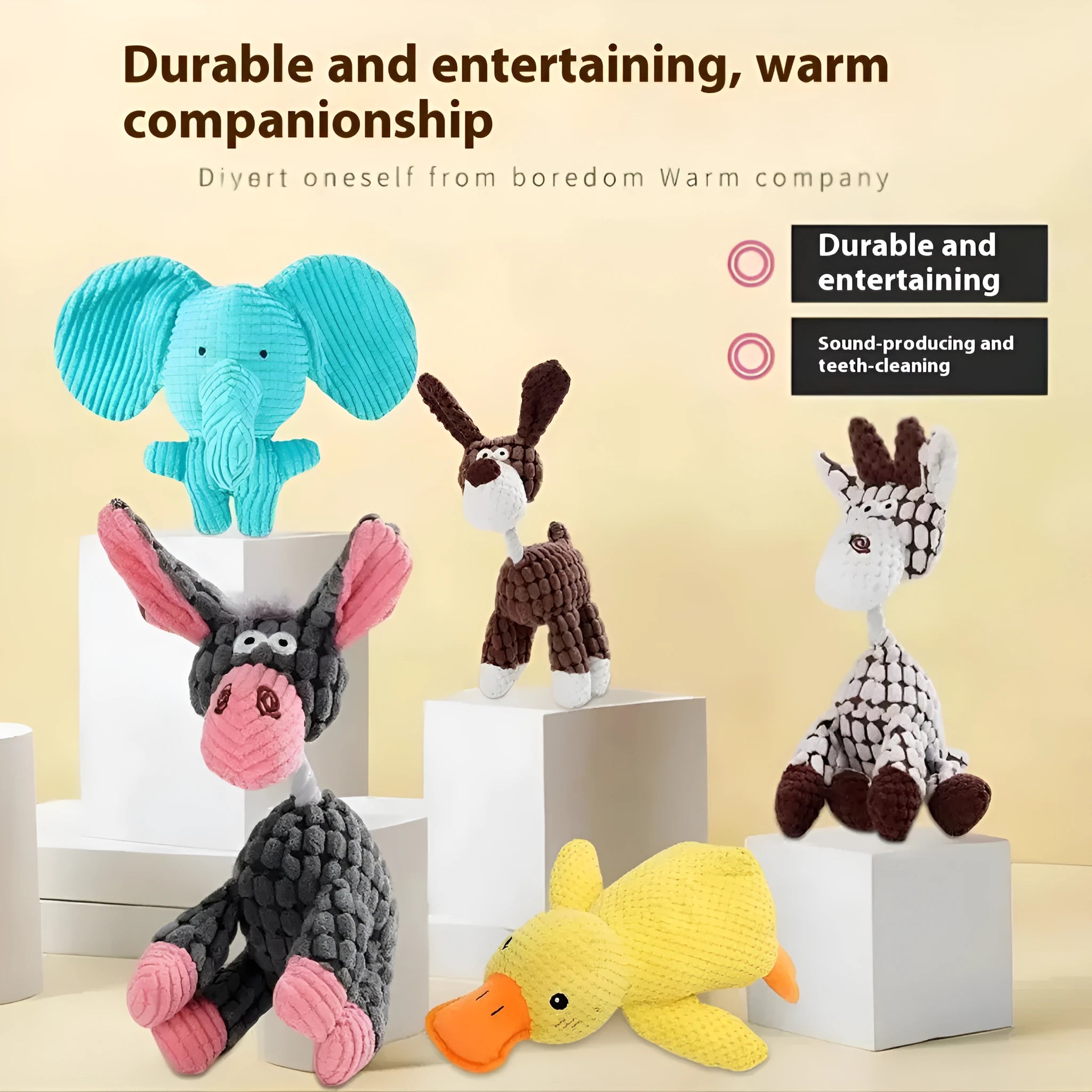 Assortment of soft plush pet toys including a rechargeable duck, a donkey, and companion animals for puppy teething.