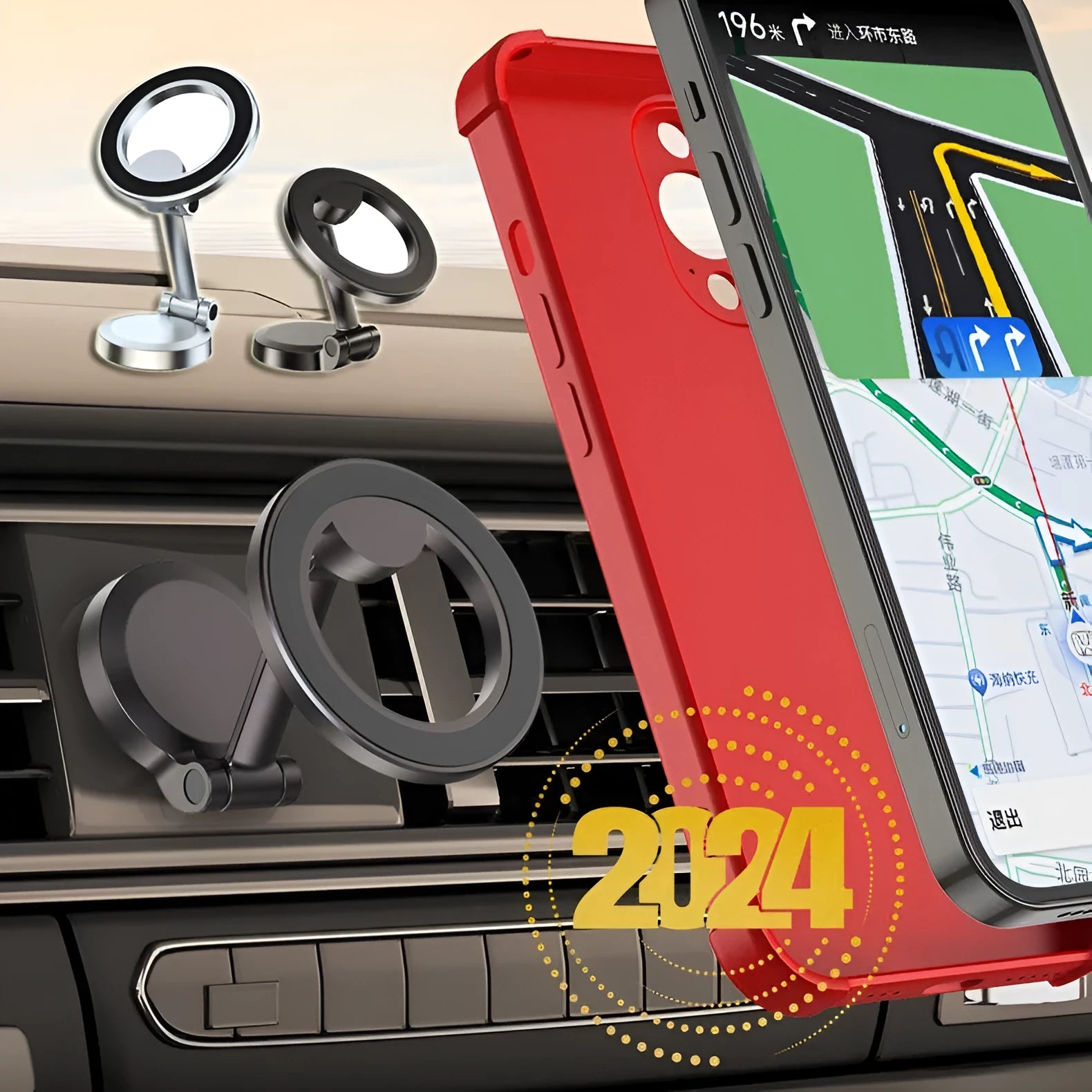 Black all-metal magnetic car phone mount with foldable bracket on vehicle dashboard