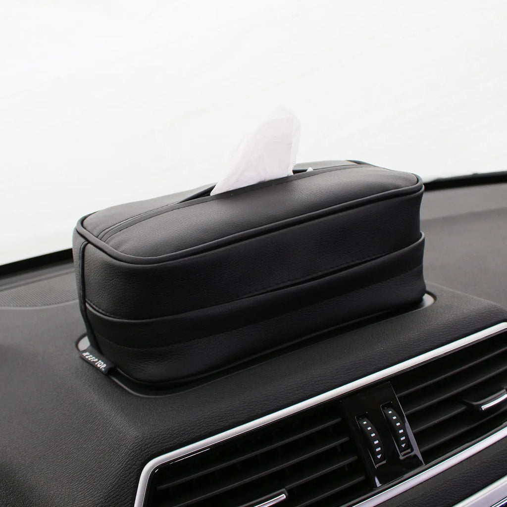 Black PU leather hanging storage box for paper bags, shown suspended, with dimensions 23x13x9cm.