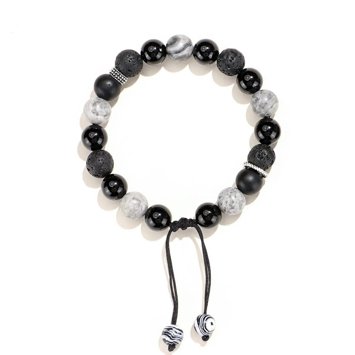 Black agate map stone volcanic bracelet with diamond-shaped stones and electroplated metal components