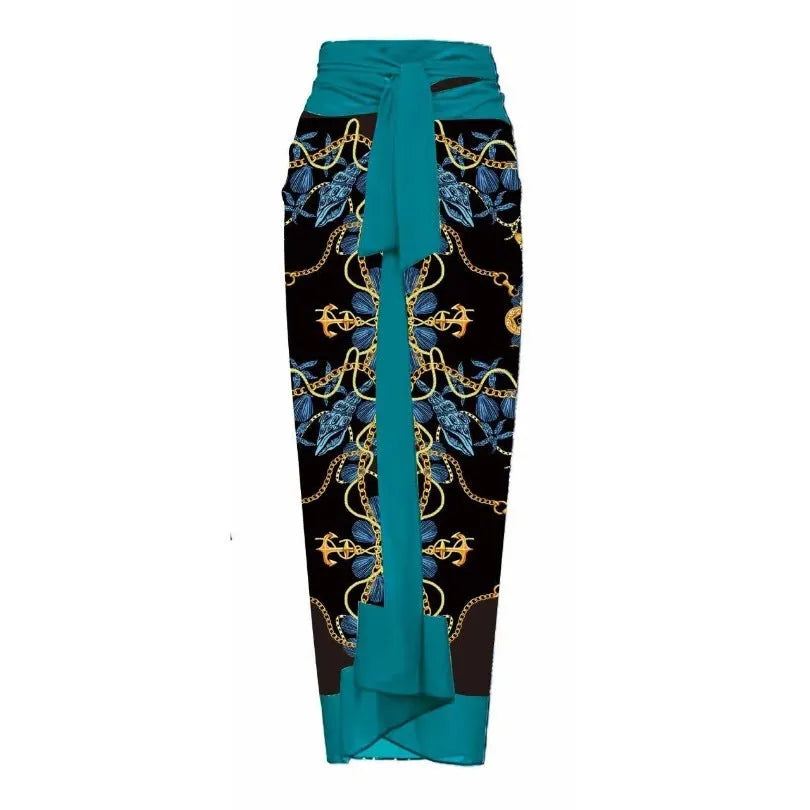 Women's floral print one-piece swimsuit with wrap skirt in polyester fabric