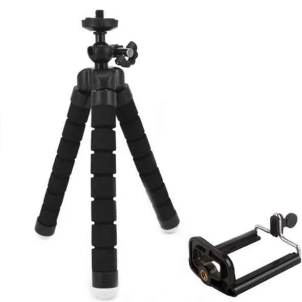 Black flexible octopus tripod with bent legs wrapped around a pole, showing smartphone mount with 1/4-20 screw.
