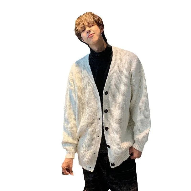 Men's solid colour V-neck knit cardigan in a loose fit, shown in army green.