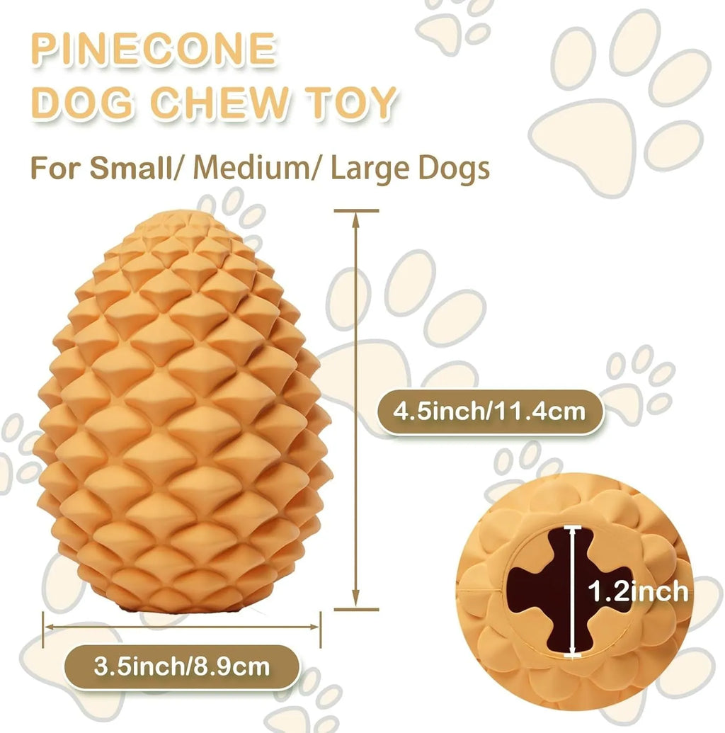 Yellow pine cone shaped natural rubber dog chew toy with treat dispenser hole