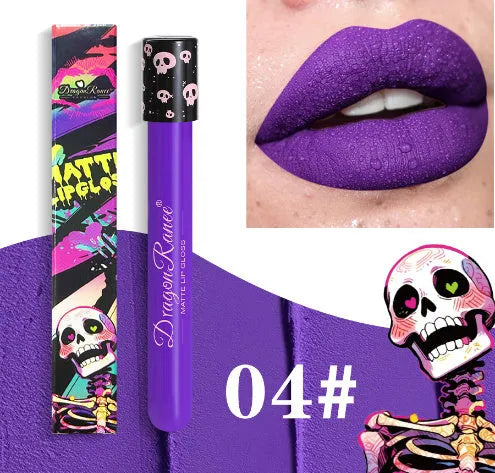 Halloween skull test tube containing gold and silver matte lip gloss for waterproof costume makeup.