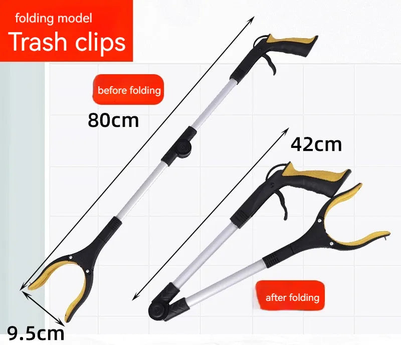 Folding aluminium rubbish clamp with magnetic tip, shown extended and collapsed, with blue handle option.