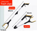 Folding aluminium rubbish clamp with magnetic tip, shown extended and collapsed, with blue handle option.