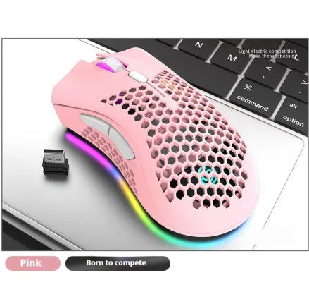 Hollow-out wireless gaming mouse with luminous charging feature in cyan colour.