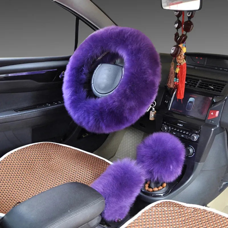 Wool steering wheel cover and handle covers three-piece set in multiple colour options for 38cm diameter wheels