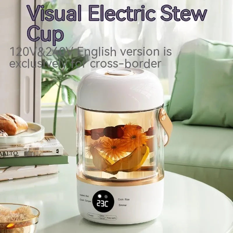 Smart electric stew cooker with transparent glass inner pot and fibre glass body, showing power cord and compact size