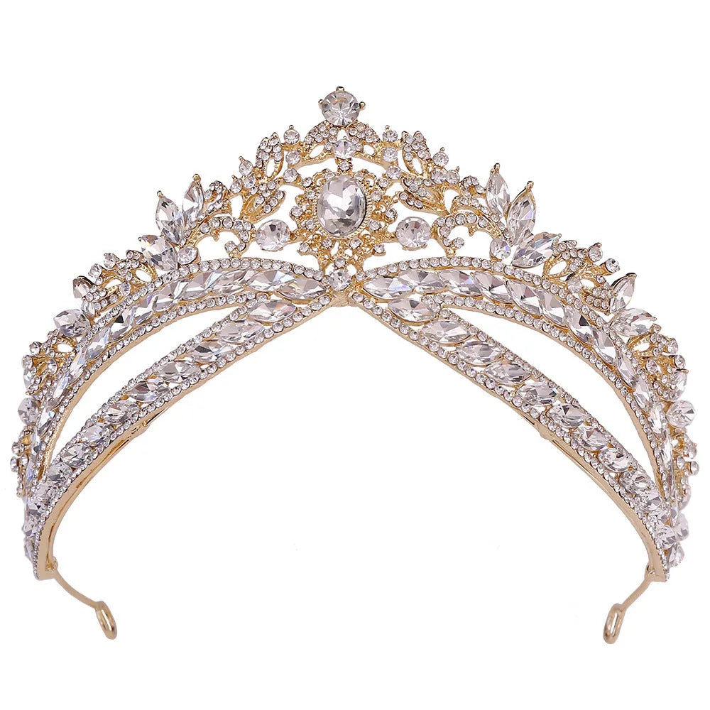 Wedding crown headdress with rhinestone and crystal in silver white finish on display