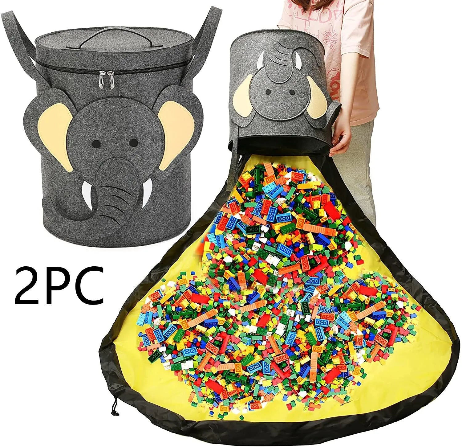 Green felt storage bag converted into a toy play mat with pull rope closure