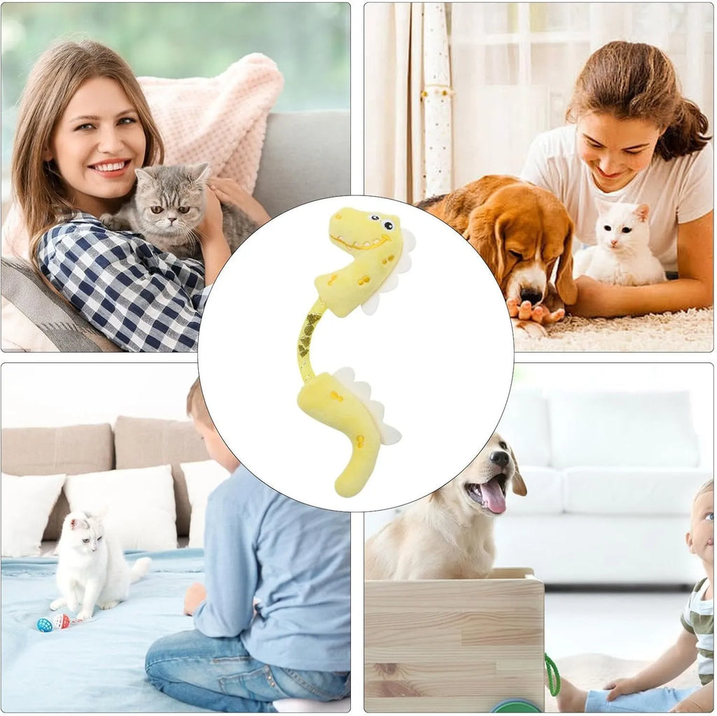 Four interactive cat toys: catnip rope, plush fish, plush mouse, and plush bunny in pink