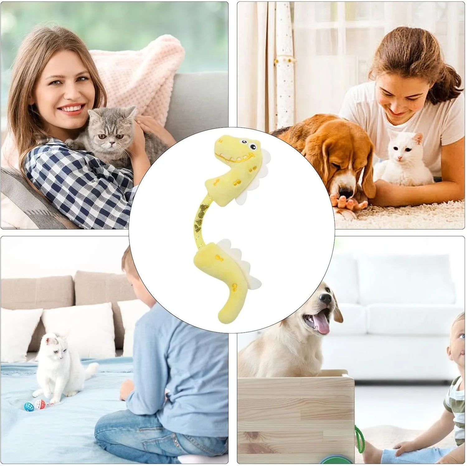 Four interactive cat toys: catnip rope, plush fish, plush mouse, and plush bunny in pink