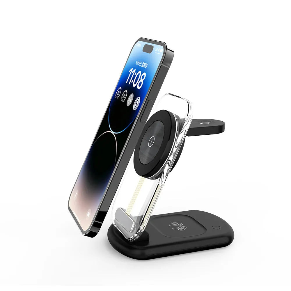 Transparent folding three-device magnetic wireless charger showing internal components