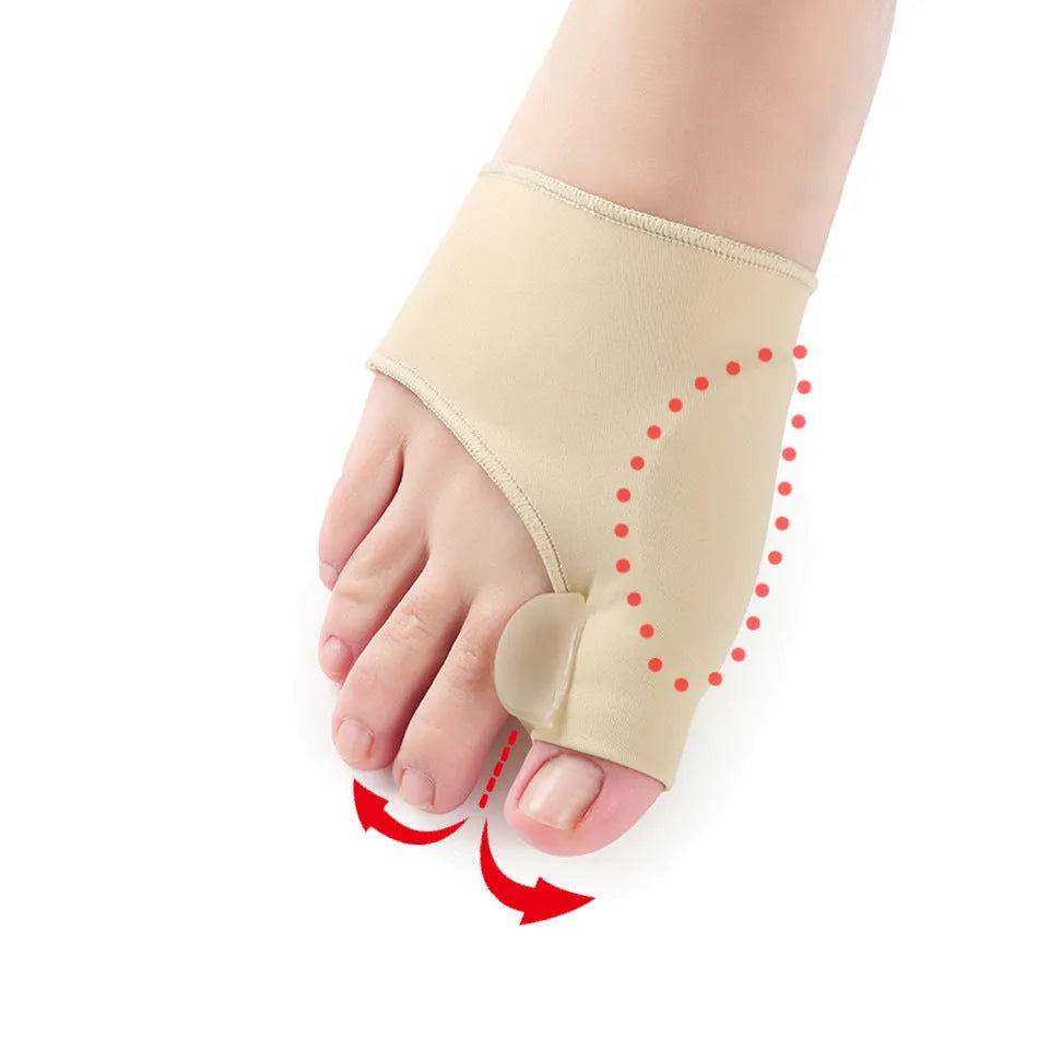 Valgus toe separator corrective socks with silicone gel bunion pad shown in sizes S, M, and L.