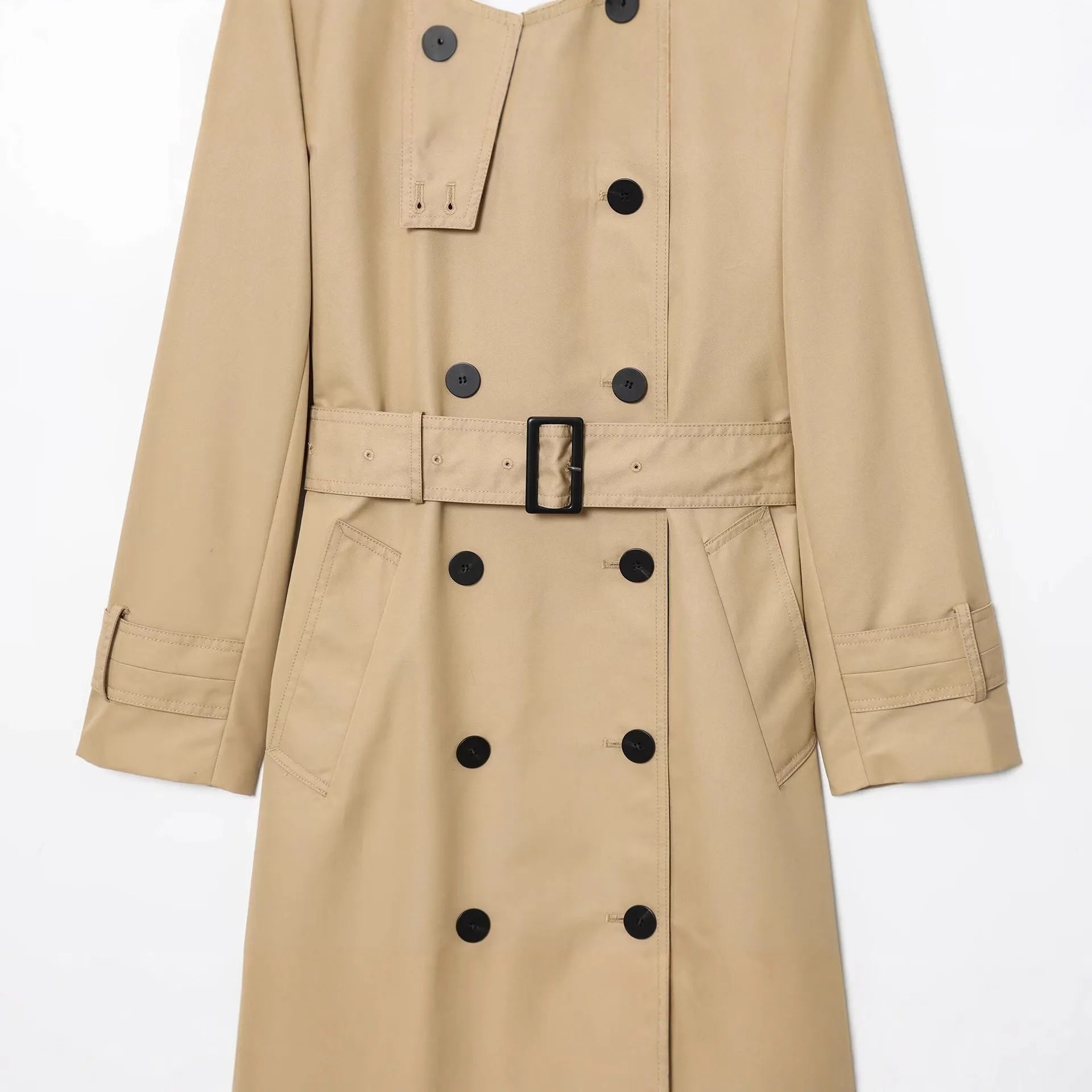 Women's long double breasted trench coat in khaki with drawstring waist and long sleeves