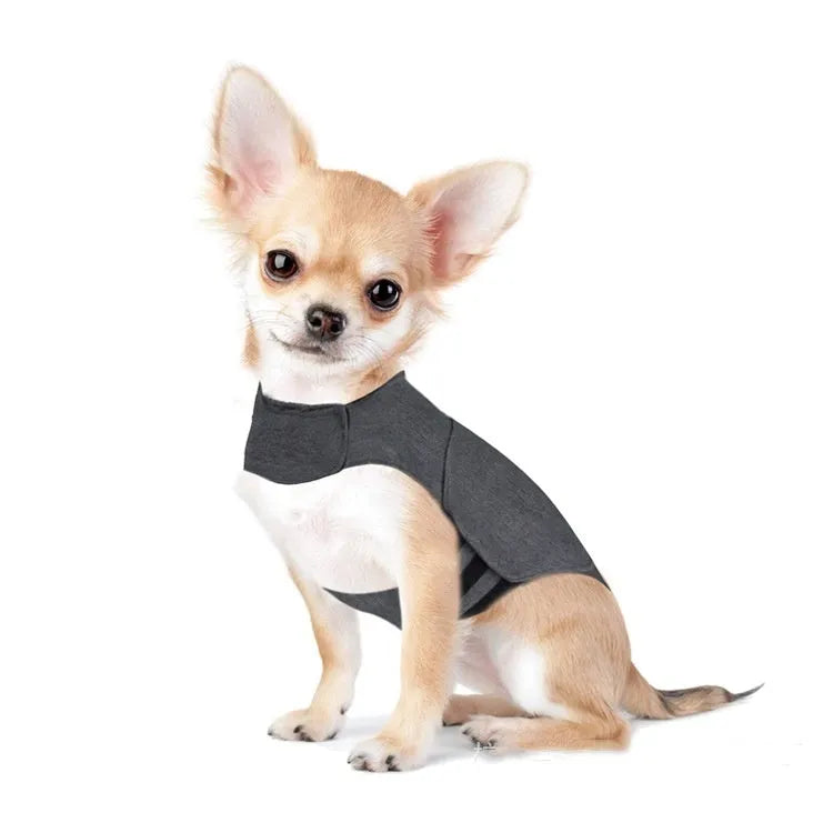 Heather grey dog anxiety jacket and warm vest made from brocade cotton ponte de roma fabric.