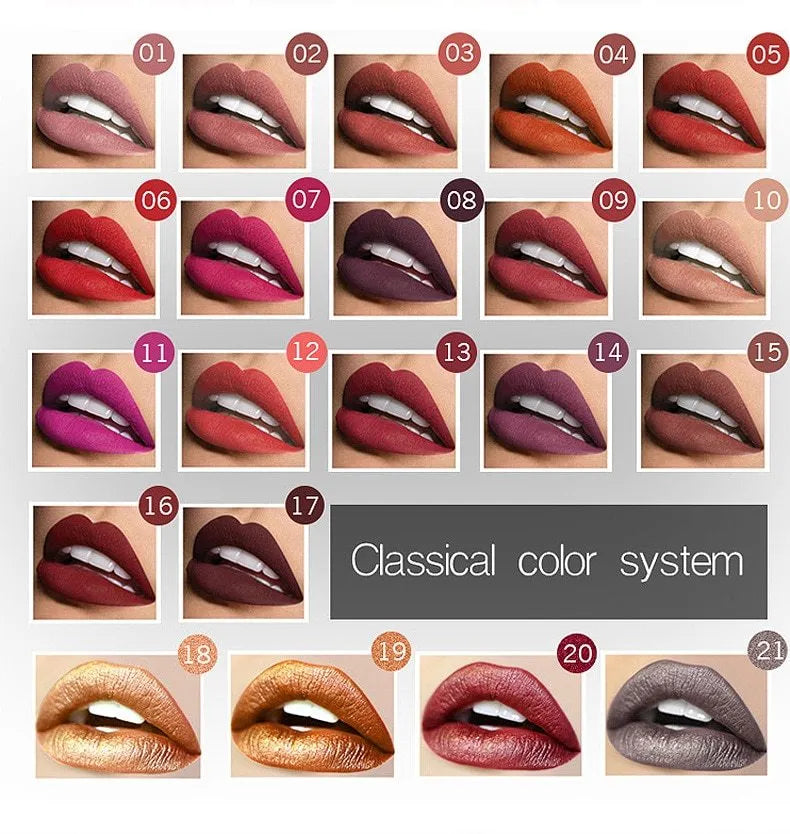 Matte long-lasting waterproof lip gloss tube with 8ml capacity and 17 colour options