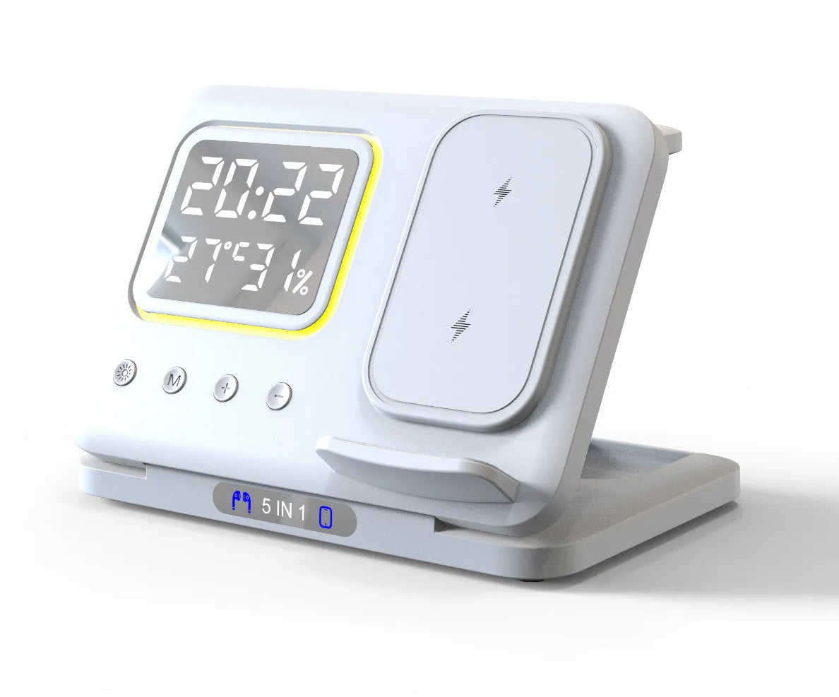 Black and white wireless charging station with LED digital display showing time temperature humidity