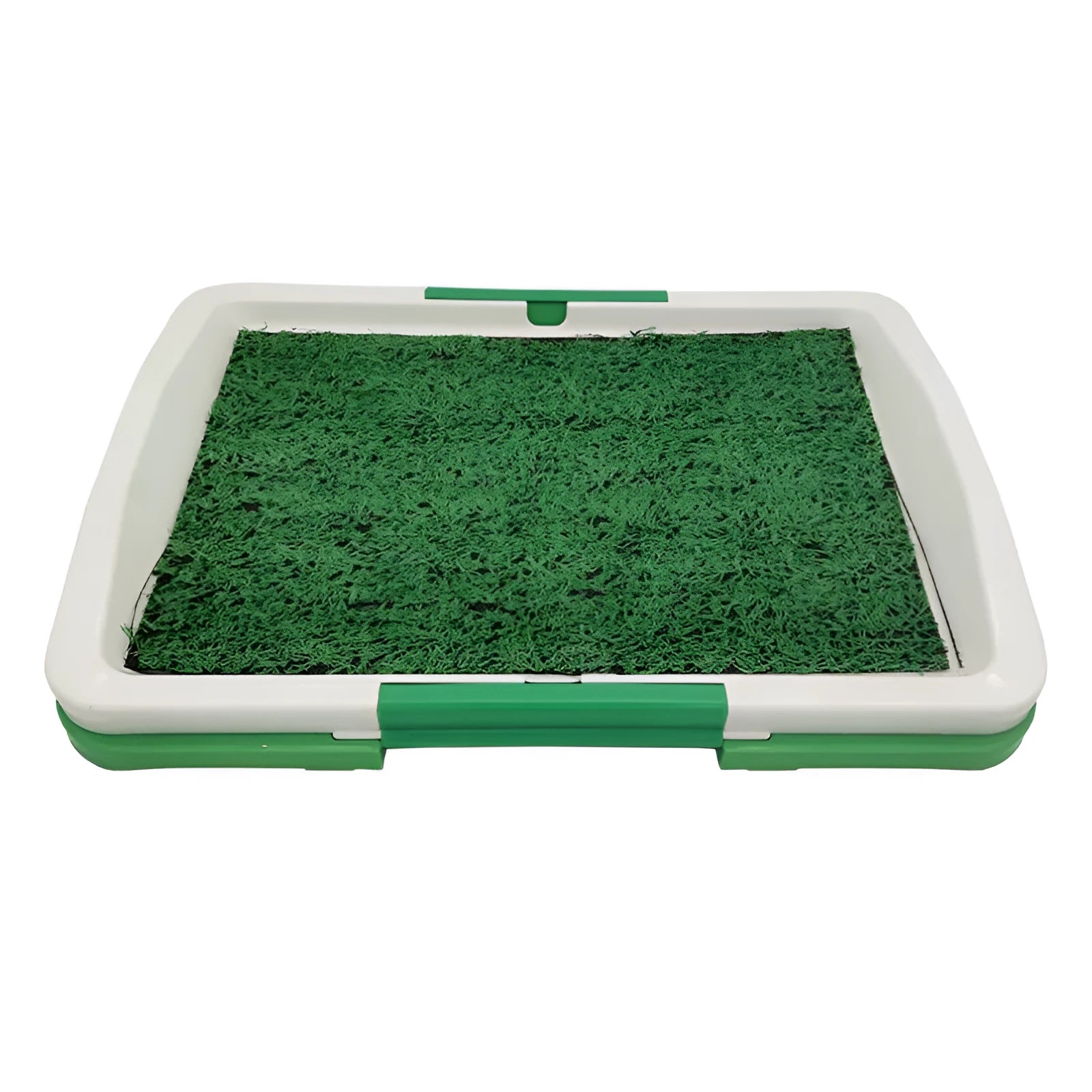 Green synthetic grass dog toilet training tray with plastic base and absorbent pad layer.