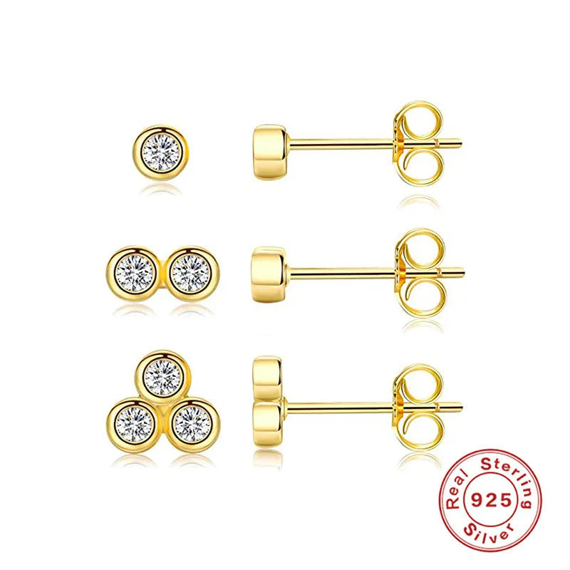 S925 sterling silver single diamond stud earrings, yellow gold and white gold colour options, round geometric shape