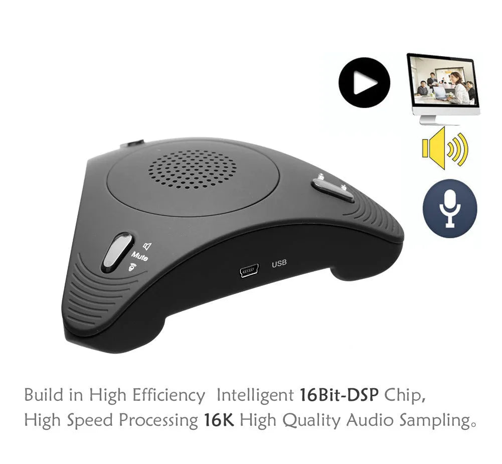 Black USB omnidirectional conference microphone with volume and mute buttons