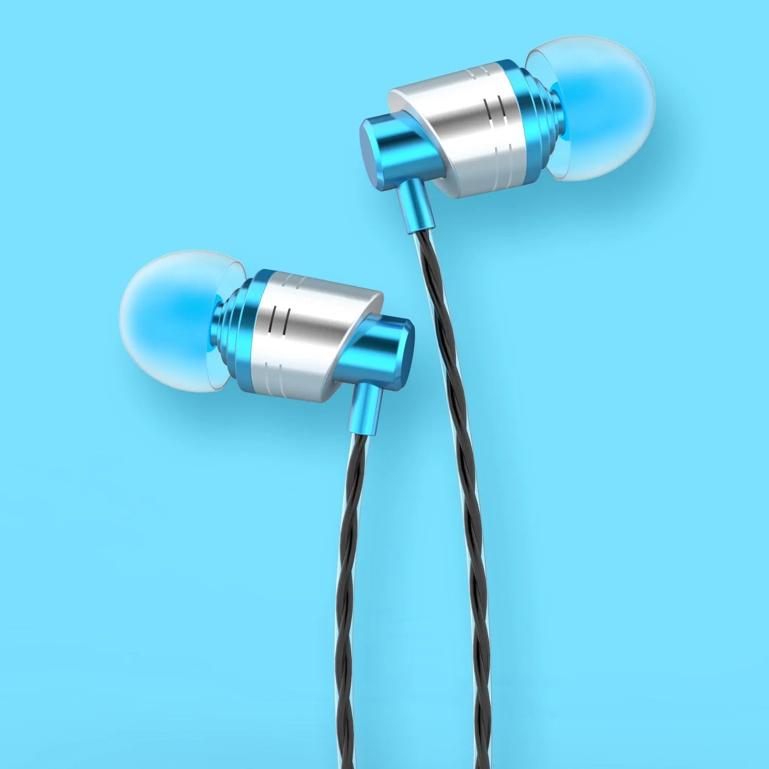 Wired in-ear headphones with 3.5mm plug and microphone in black, blue or red colours