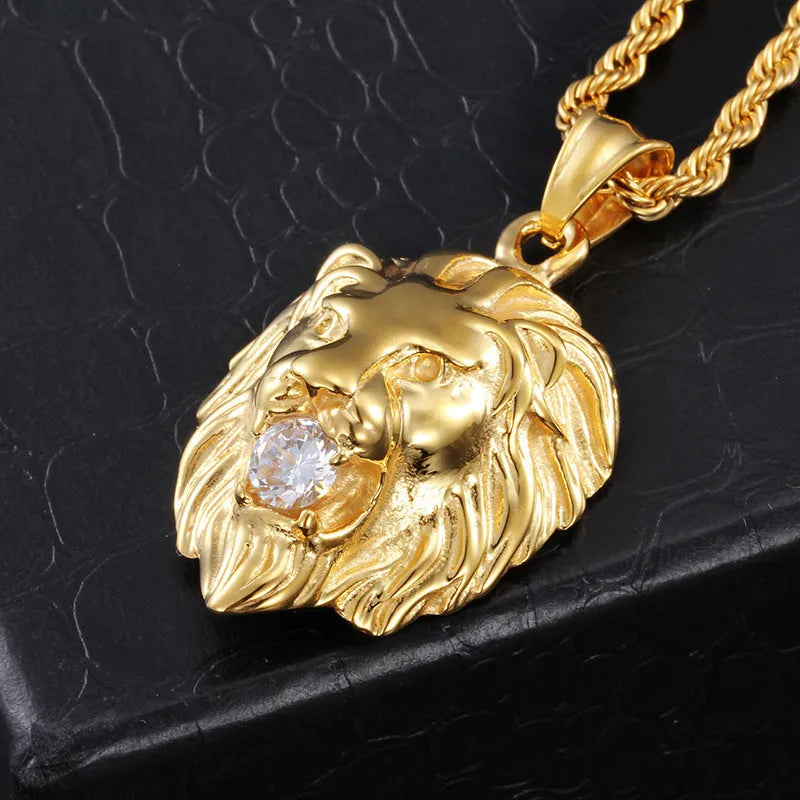 Gold alloy diamond lion's head men's pendant necklace with geometric shape