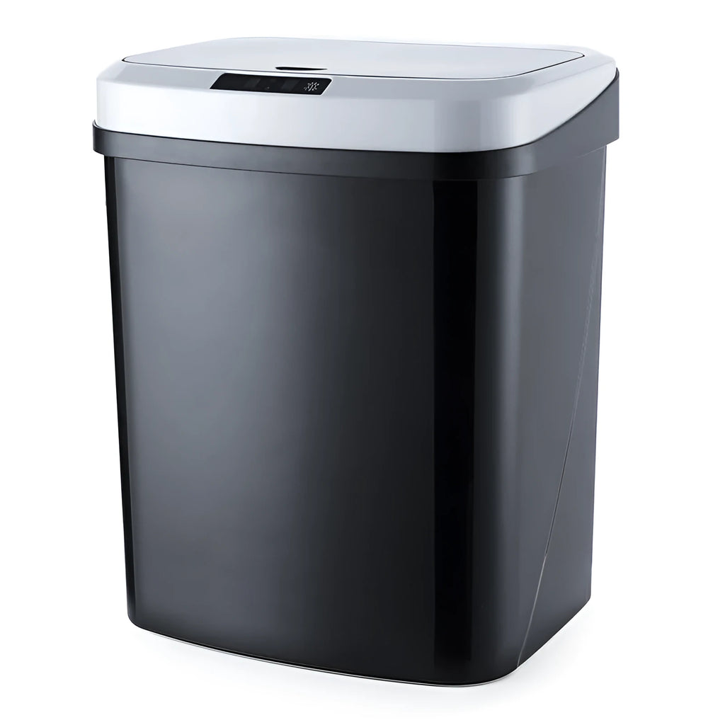 Smart induction trash can in black plastic with lid open, for kitchen or bathroom