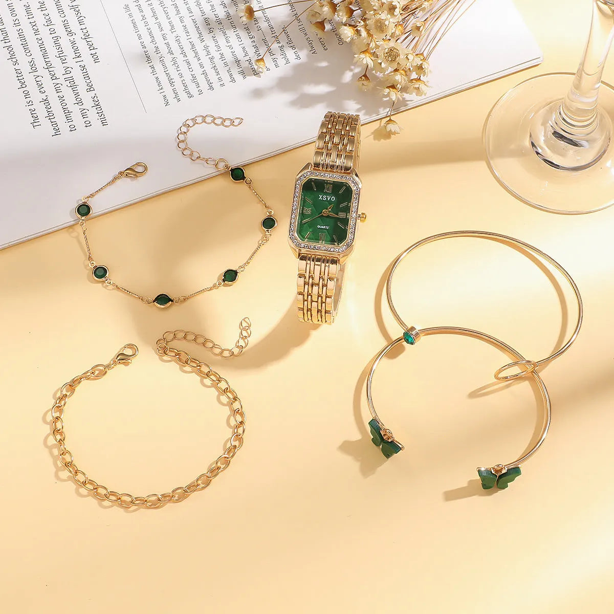 Gold green square women's watch with four matching alloy bracelets in gift set