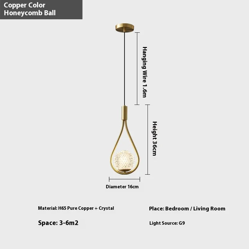 Modern minimalist bedside chandelier lamp for bedrooms with copper or black and gold finishes