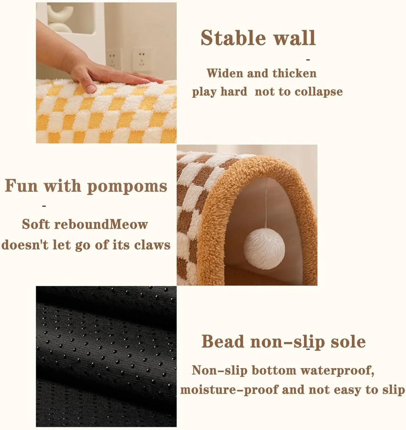 Brown plaid collapsible cat tunnel bed with a central mat on a wooden floor.