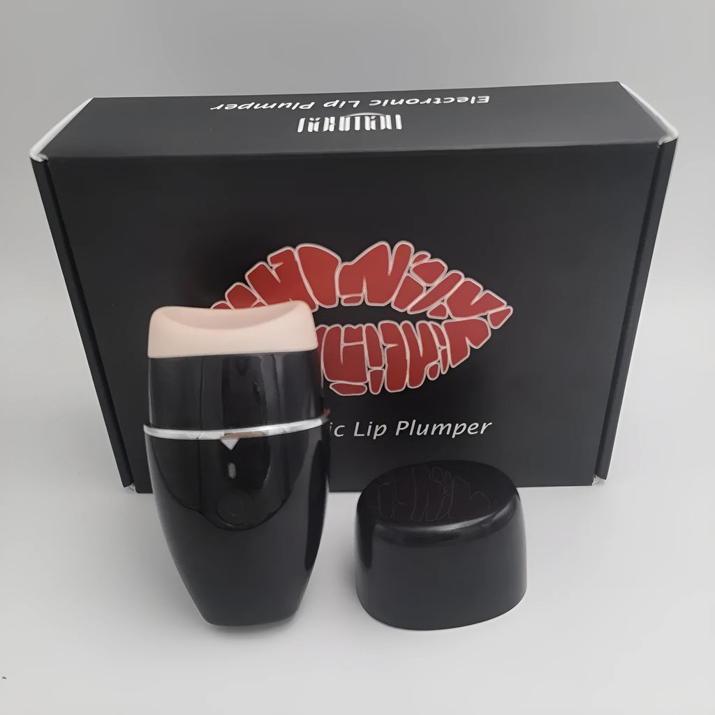 Black and white electric lip plumper device with USB charging cable on a plain background.