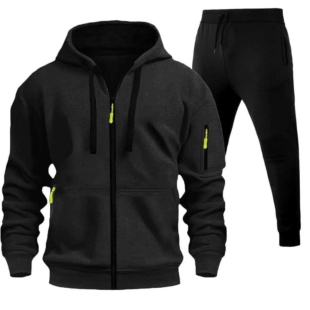 Men's zip-up hoodie set with multiple pockets and wool lining in camel colour