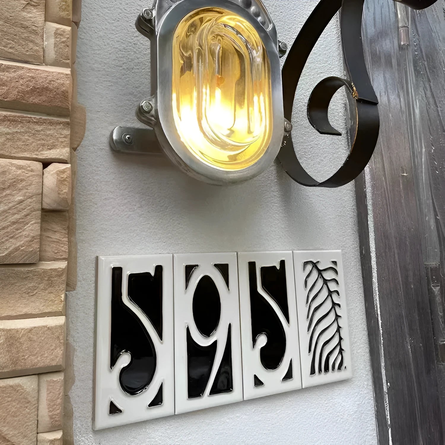 Handmade retro-style ceramic doorplate with a white enamel background and a raised black number 5, shown at 76mm by 152mm.