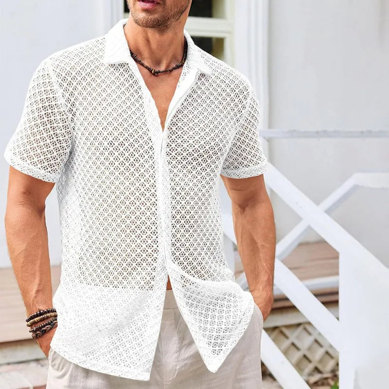 Men's cotton blend short sleeve summer shirt with lapel collar in beige colour
