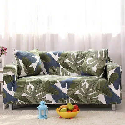 Geometric patterned stretch sofa slipcover fitted on a modern two-seater sofa.