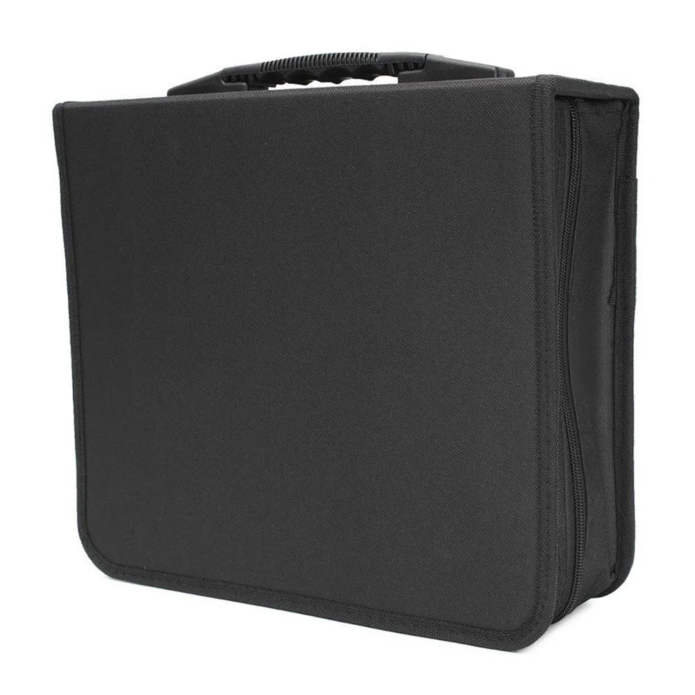 Black Oxford cloth CD and DVD storage binder with zipper and top carry strap.