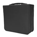 Black Oxford cloth CD and DVD storage binder with zipper and top carry strap.